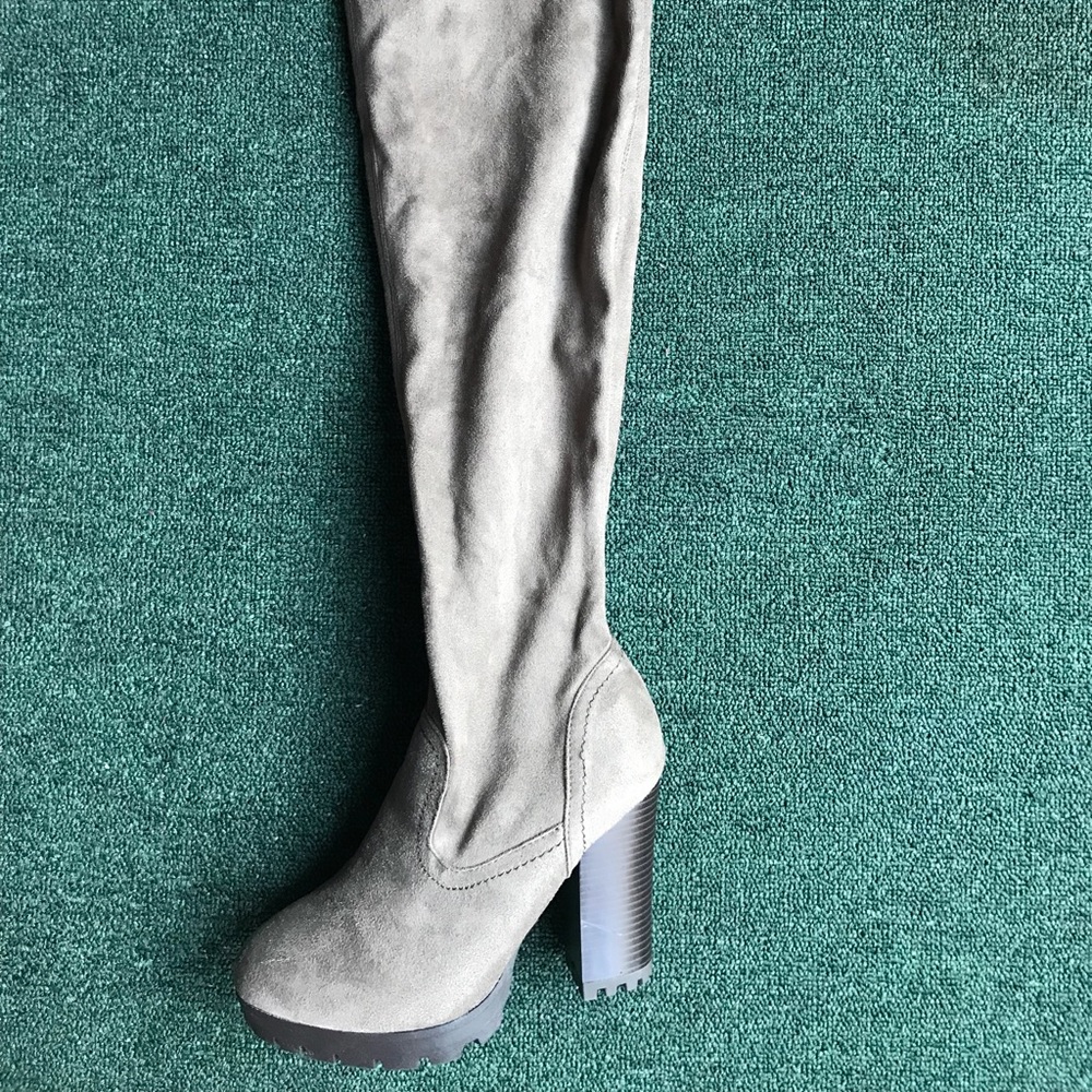 Gray Suede Heeled Knee High Boots